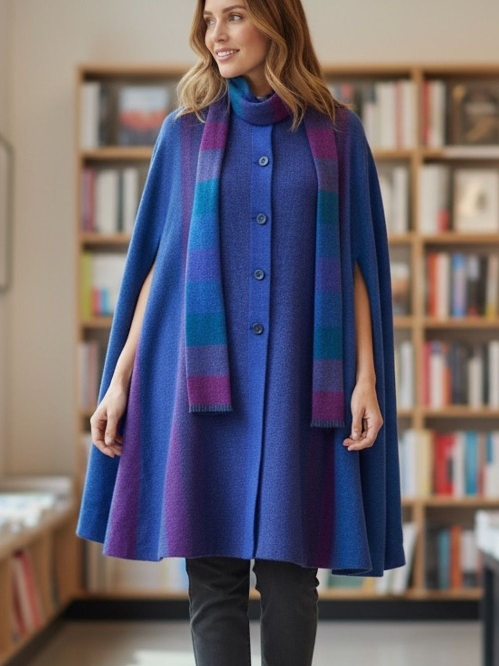 Vtg Avoca Collection Blue Purple Striped 100% Wool Cape Coat Cloak Size Medium
